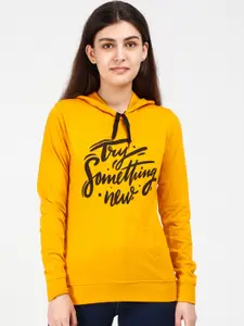 Fleximaa Women Mustard Printed Hooded Cotton Sweatshirt