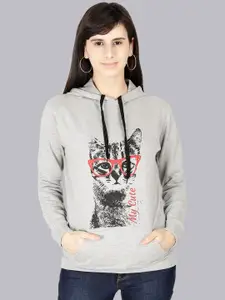 Fleximaa Women Grey Printed Hooded Sweatshirt