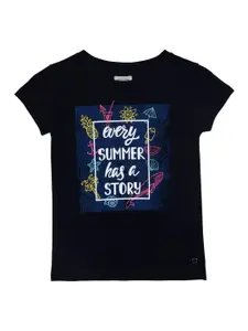 Gini and Jony Girls Navy Blue Typography Printed Cotton Blend Top