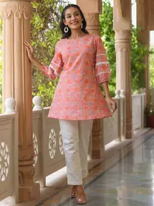 Jaipur Kurti Pink & Grey Floral Printed Pure Cotton Empire Kurtis