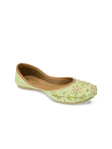 DESI COLOUR Women Sea Green Ethnic Embellished Leather Floral Mojaris Flats