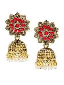 Shining Jewel - By Shivansh Red Contemporary Gold Plated Antique  Jhumka Earrings