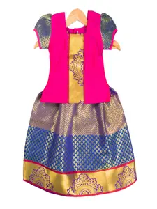 AMIRTHA FASHION Girls Pink & Blue Ready to Wear Lehenga & Choli