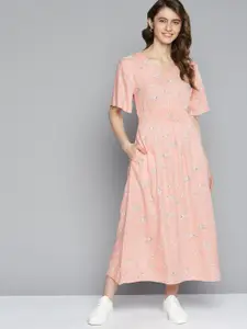 Mast & Harbour Dusty Pink & Green Floral A-Line Midi Dress
