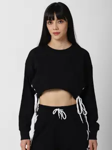 FOREVER 21 Women Black Crop top Rope detail Sweatshirt