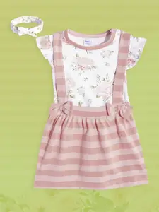 Moms Love Infant Girls White & Peach-Coloured Pure Cotton Floral Top & Striped Skirt