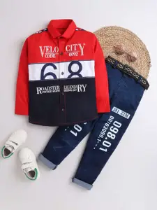 DKGF FASHION Boys Red & Navy Blue Printed Shirt With Trousers