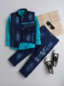 DKGF FASHION Boys Sea Green & Blue Shirt with Denim Trousers & Jacket