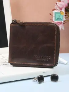 Teakwood Leathers Men Brown Leather Solid Zip Around Wallet with RFID features