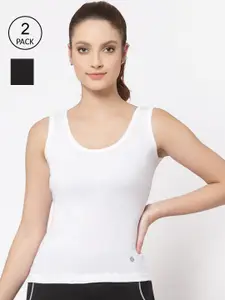 Floret Women Pack Of 2 White & Black Solid Cotton Camisoles