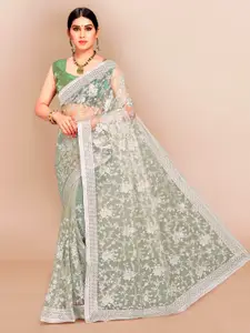 VAIRAGEE Green & Silver-Toned Floral Embroidered Net Saree