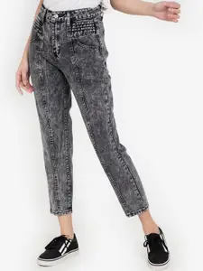 ZALORA BASICS Women Grey Tapered Fit Low-Rise Heavy Fade Acid Washed Pintucks Jeans