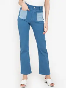 ZALORA BASICS Women Blue Flared Contrast Pocket High-Rise Jeans