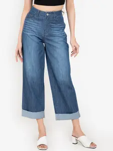 ZALORA BASICS Women Blue Wide Leg High-Rise Cropped Light Fade Jeans