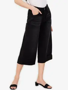 ZALORA BASICS Women Black Solid Wide Leg High-Rise Light Fade Cotton Jeans