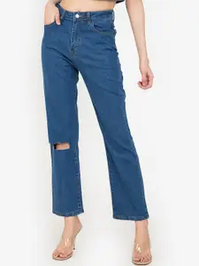 ZALORA BASICS Women Blue Regular Fit High-Rise Slash Knee Jeans