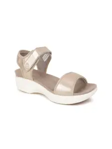 Hush Puppies Silver-Toned Leather Wedge Peep Toes with Buckles