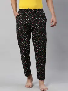 Joven Men Black & Pink Printed Pure Combed Cotton Lounge Pants
