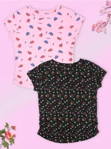 CUTECUMBER Girls Black & Pink 2 Printed Extended Sleeves T-shirt
