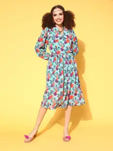 plusS Women Blue Floral Volume Play Dress
