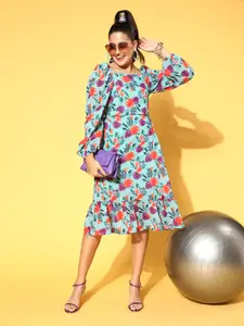 plusS Women Turquoise Blue Floral Volume Play Dress