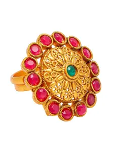 Shining Jewel - By Shivansh Gold-Plated Red & Green Kundan studded Adjustable Finger Ring
