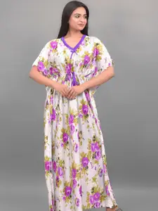Apratim White & Purple Satin Printed Kaftan Maxi Nightdress