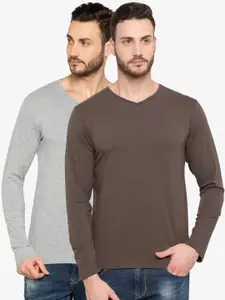 Status Quo Men Olive Green & Grey Set Of 2 V-Neck Cotton T-shirt