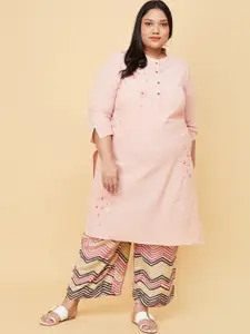 max Women Plus Size Peach-Coloured Floral Embroidered Cotton Kurta
