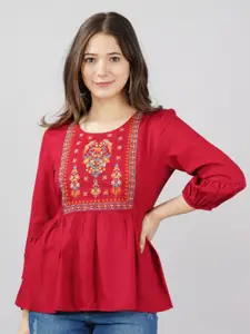 KALINI Red Embroidered Tie-Up Neck Top