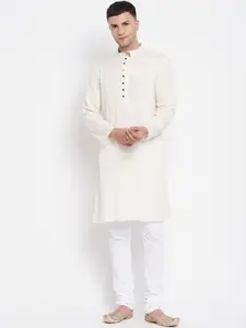 even Men Cream-Coloured Solid Dobby Kurta