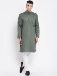 even Men Green Cotton Dobby Kurta
