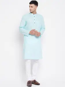 even Men Turquoise Blue Dobby Pure Cotton Kurta