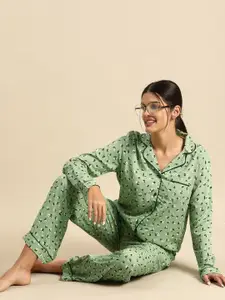 Dreamz by Pantaloons Women Green & White Printed Night suit