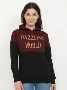 Fleximaa Women Maroon Colourblocked Hooded Cotton Sweatshirt