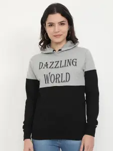 Fleximaa Women Grey Melange & Navy Blue Colourblocked Hooded Sweatshirt