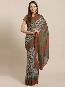 KALINI Grey & Brown Floral Silk Blend Saree