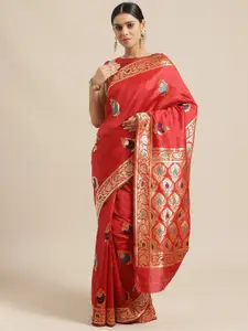 KALINI Red & Gold-Toned Floral Silk Blend Saree