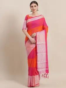 KALINI Pink & Orange Colourblocked Silk Cotton Saree