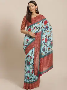KALINI Blue & Red Floral Silk Blend Saree