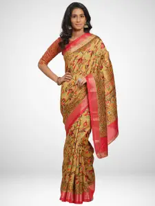 KALINI Olive Green & Blue Floral Zari Silk Cotton Saree