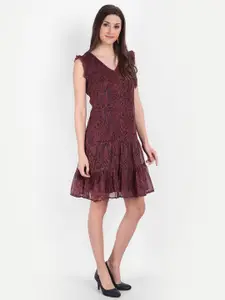 MINGLAY Maroon Animal Print Georgette Drop-Waist Dress