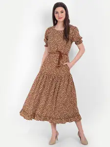MINGLAY Women  Brown Animal Print Viscose Short Sleeve Maxi  Dress
