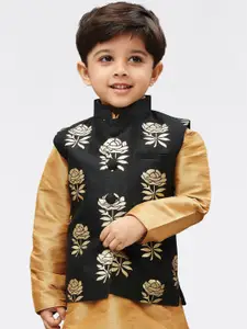 VASTRAMAY Boys Black And Gold Woven Design Printed Slim-Fit Nehru Jacket