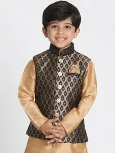 VASTRAMAY Boys Black & Gold Colored Woven Design Nehru Jackets
