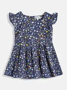 Bella Moda Girls Navy Blue & White Floral Printed Pure Cotton Fit & Flare Dress