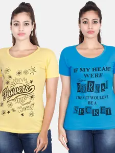 Fleximaa Women Blue & Yellow Pack Of 2 Typography Printed Cotton T-shirt