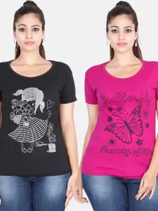 Fleximaa Women Black & Magenta Pack Of 2 Printed Cotton T-shirt