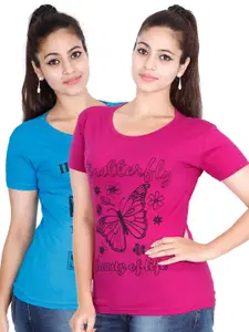 Fleximaa Women Blue & Magenta Pack Of 2 Printed Cotton T-shirt