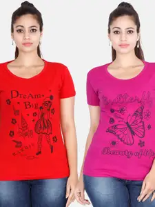 Fleximaa Women Magenta & Red Pack Of 2 Printed Cotton T-shirt